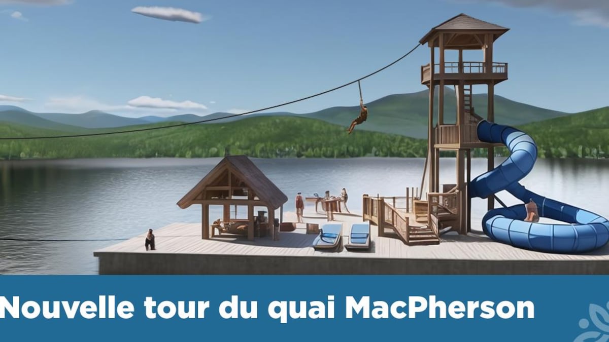 L'image représente la fausse tour du quai MacPherson avec tout plein d'attractions pour le poisson d'avril.