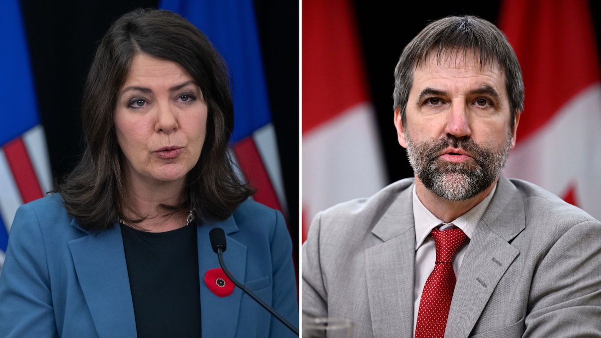 Montage photo de la première ministre de l'Alberta, Danielle Smith (à gauche), et du ministre de l'Environnement, Steven Guilbeault (à droite).