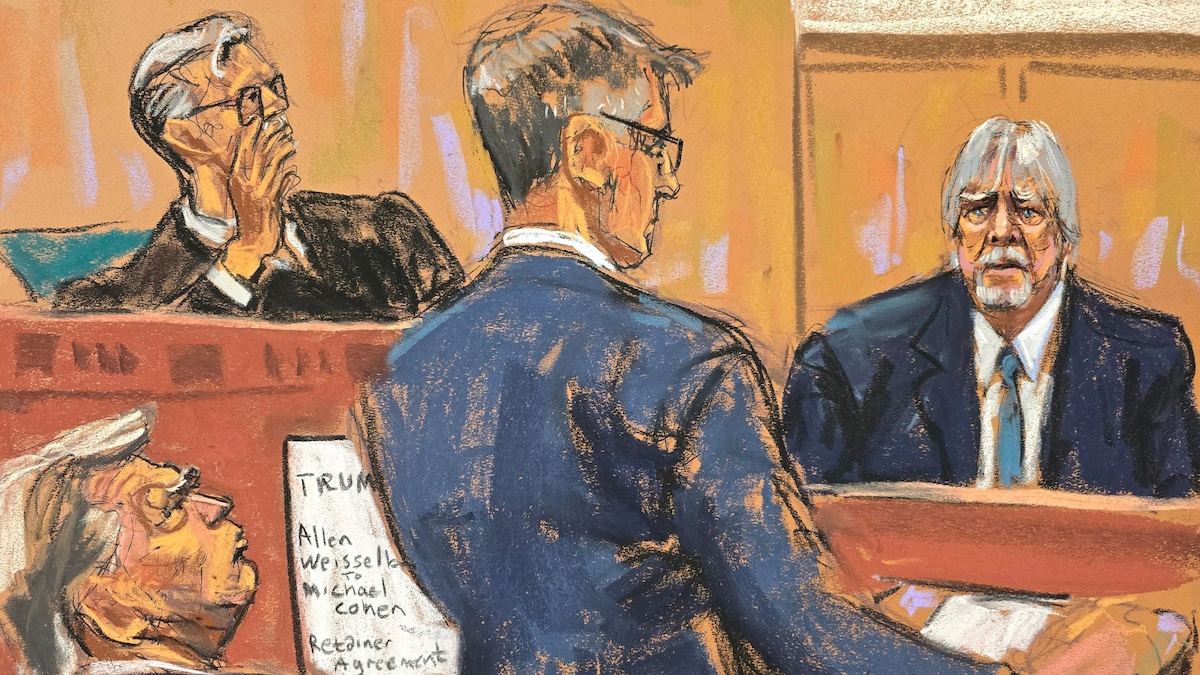 Le juge Juan Merchan et Donald Trump regarde Jeffrey McConney, qui est interrogé par un procureur, sur un dessin réalisé en cour.
