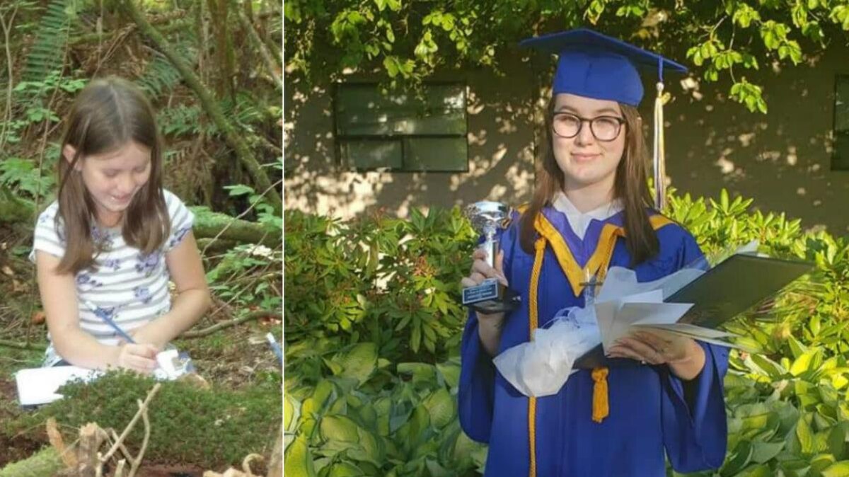 Montage photo de Raina-Lynn Sheaves lors de sa graduation de l'école secondaire et, en vignette, une photo d'elle, enfant, en train d'écrire dans un cahier, assise dans la forêt (à gauche).