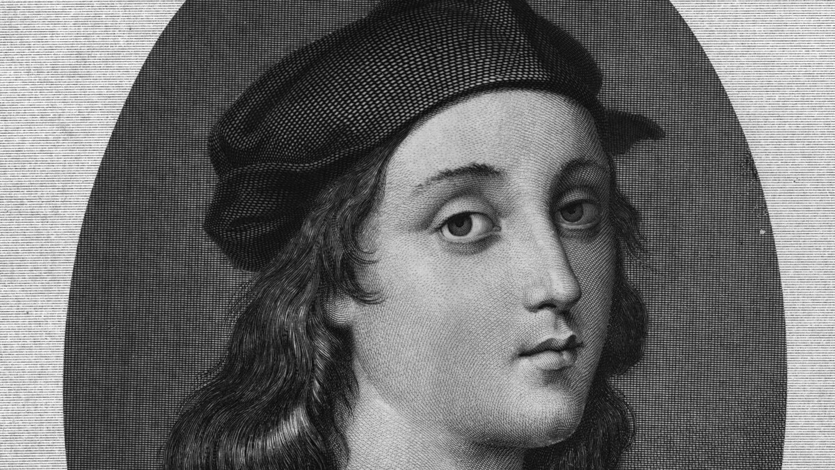 Représentation du peintre Raphaël, cheveux longs, chapeau et visage enfantin. 