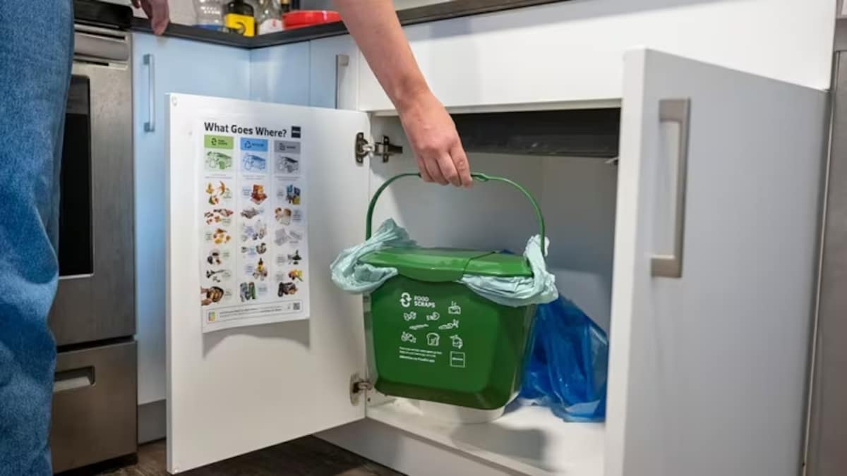 Un seau vert destiné à collecter des déchets ménagers compostables.