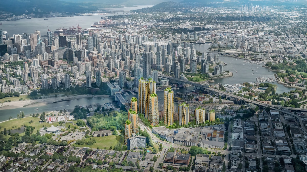 Vue aérienne du centre-ville de Vancouver avec de très hautes tours dans un secteur résidentiel.