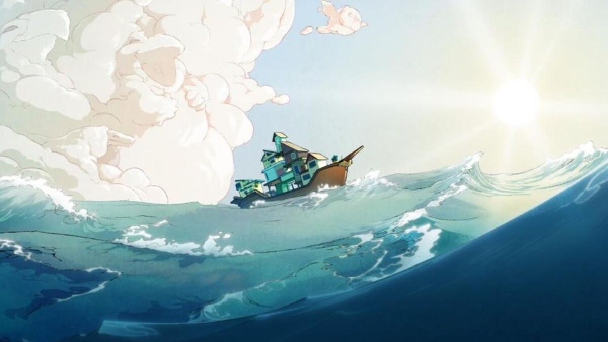 Dessin d'un bateau sur une étendue d'eau agitée, surplombée par des nuages et un soleil éclatant. 