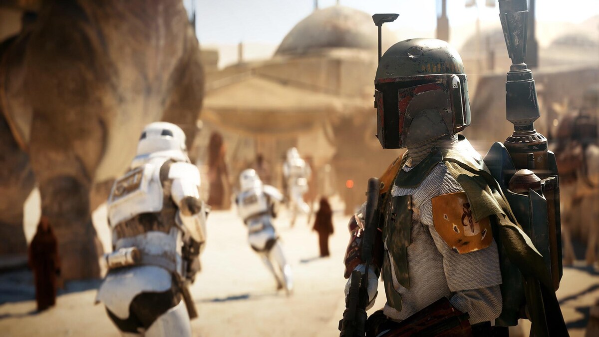 Une capture d'écran du jeu Star Wars Battlefront II montrant le personnage de Boba Fett à l'avant-plan, avec des soldats en action derrière lui.