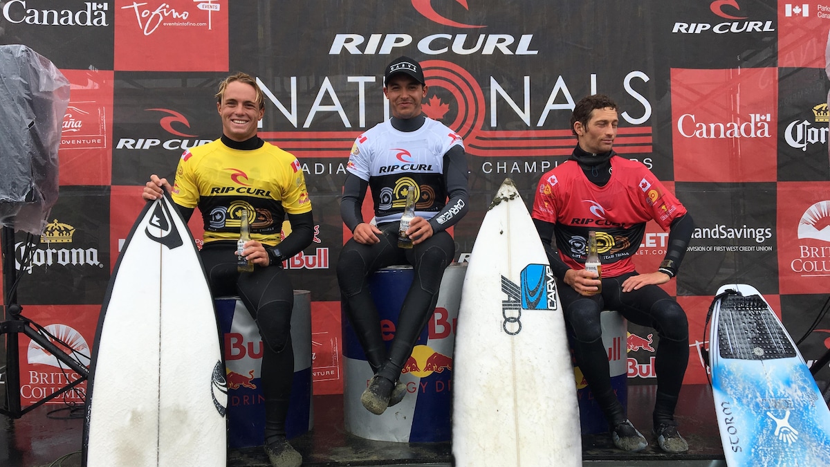 Trois jeunes hommes en wetsuits avec des planches de surf posent assis sur un podium. 