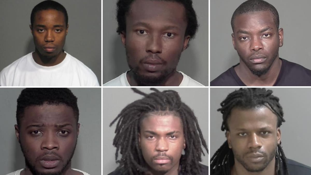 Rangée du haut, de gauche à droite : Leeroy Abraham, Elvis Comoe et Vladimir Laguerre. Rangée du bas, de gauche à droite : Ebamba Ndutu Lufiau, Kens Emmanuel Noel et Joubens Theus. Tous des suspects arrêtés par le SPVM en lien avec des crimes violents.