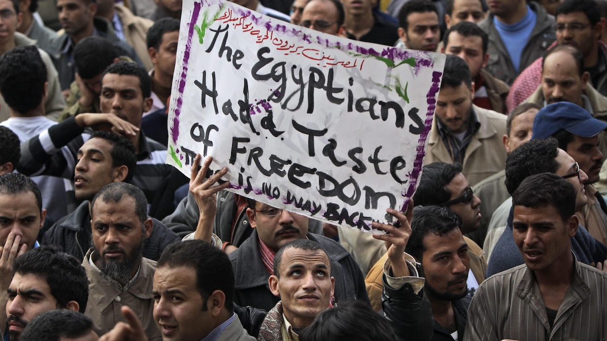  Un manifestant tient une pancarte sur laquelle on peut lire : '' Les Égyptiens ont goûté à la liberté, il n'y aura pas de retour en arrière''.