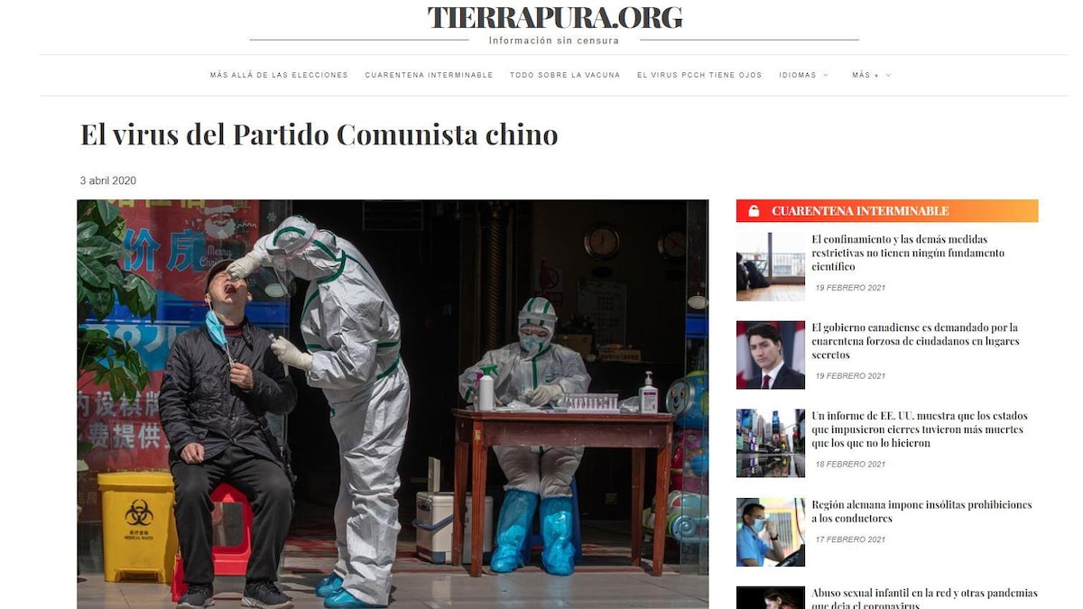 Capture d'écran d'un article intitulé "le virus du parti communiste chinois" publié en avril 2020 sur le site tierrapura.org. Une photo d'un homme passant un test dépistage coiffe l'article. 