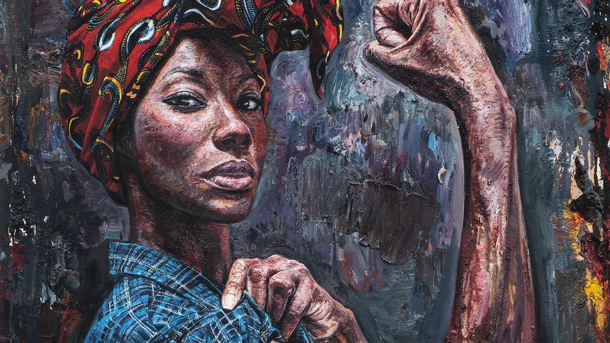 La peinture Rosie No. 1 de l'artiste Tim Okamura présente une femme noire en évoquant l'icône de la culture populaire américaine, Rosie la riveteuse.