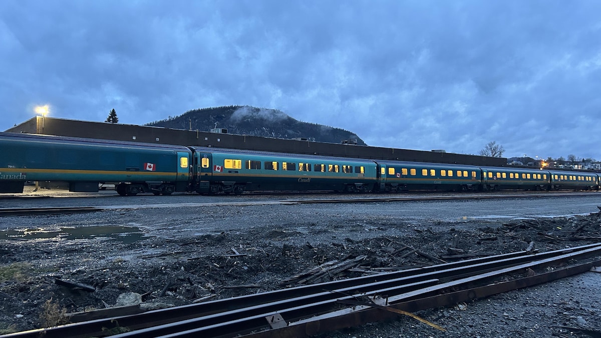 Un train VIA Rail devant une montagne.