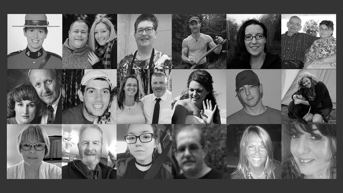 Un montage de photos en noir et blanc des visages disparus lors de la tragédie. 
