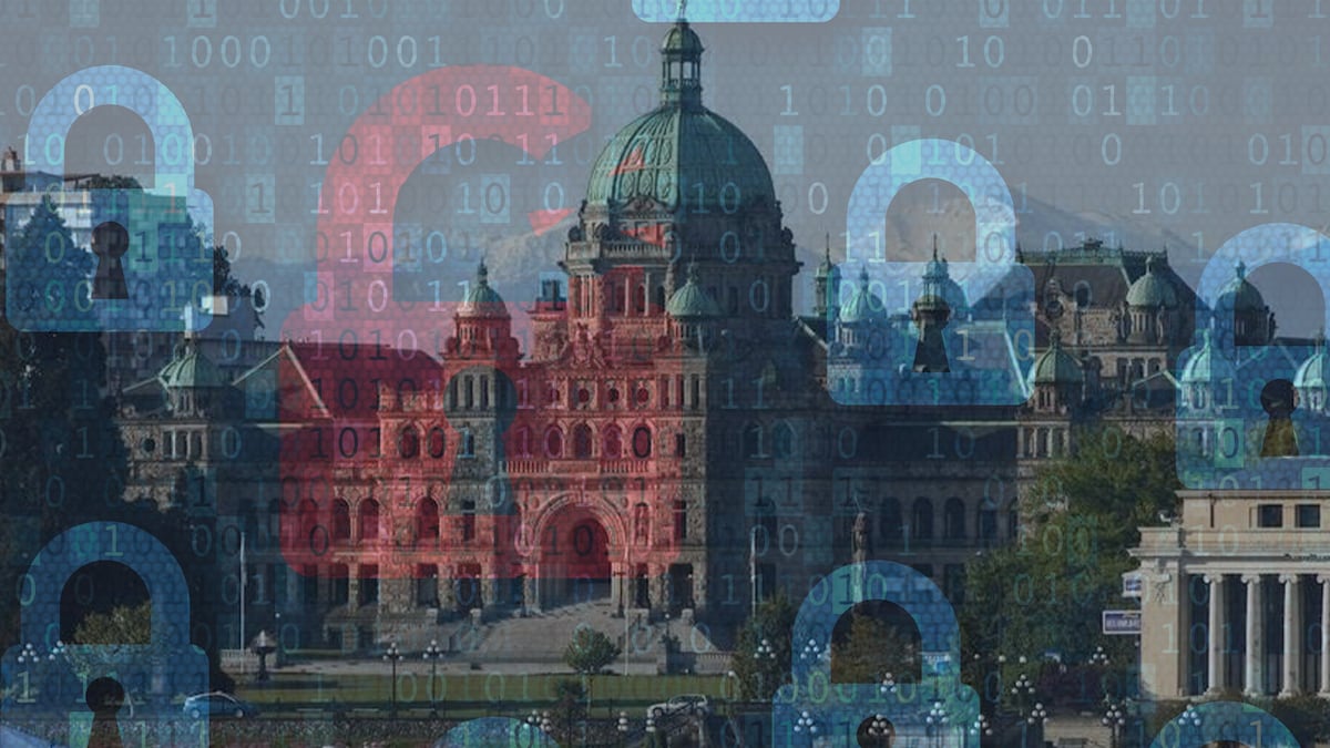 Le parlement de Victoria avec du code informatique en surimpression.