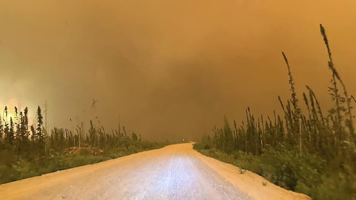 Une route bordée d'épinettes de chaque côté et envahie par une épaisse fumée orangée de feux de forêt.
