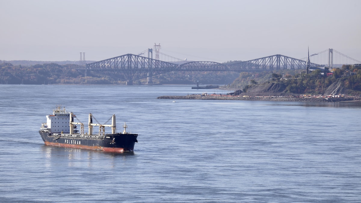 Un navire navigue sur le fleuve Saint-Laurent avec, en arrière-plan, le pont de Québec et le pont Pierre-Laporte.