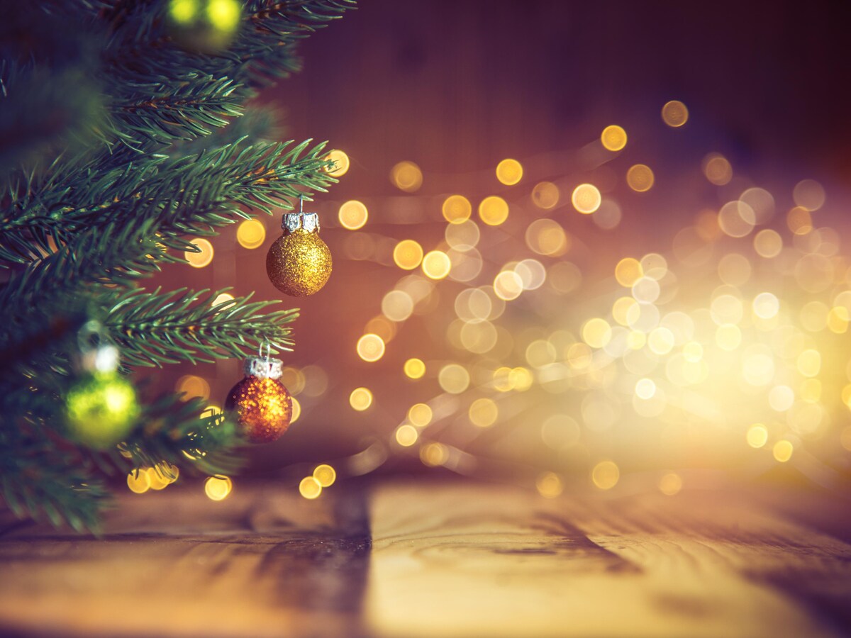 Un arbre de Noël décoré, des lumières en arrière-plan.