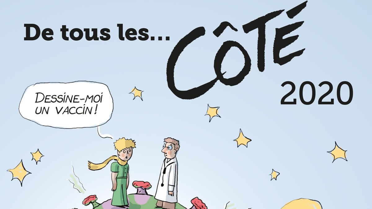 Page couverture du livre du caricaturiste André-Philippe Côté. Clin d'oeil au Petit Prince "Dessine-moi un vaccin"