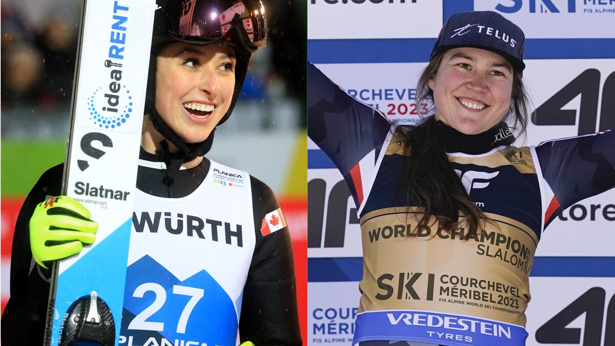 Les deux skieuses dans un montage photo célèbrent une victoire. 