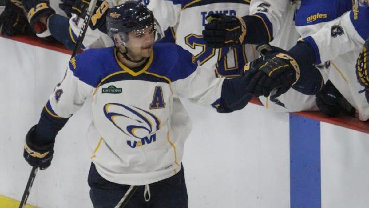 Joueur de hockey donnant la main à d'autres joueurs.