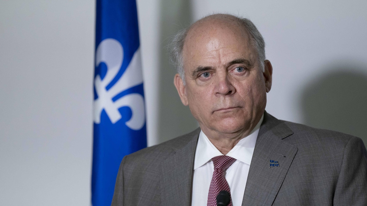 Le ministre Pierre Fitzgibbon devant un drapeau du Québec.