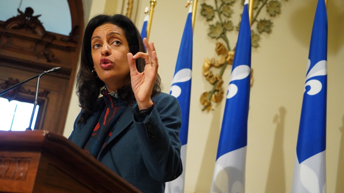 Dominique Anglade en point de presse à l'Assemblée nationale.