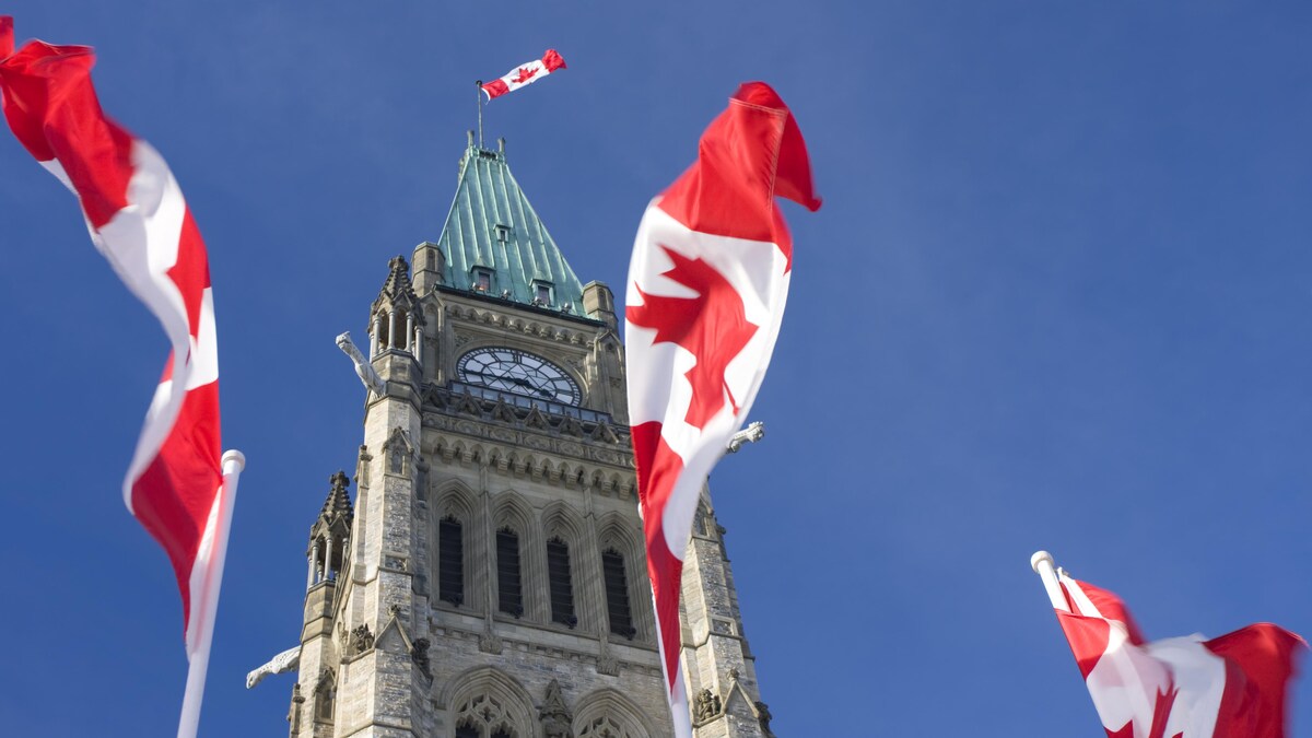 La tour de la Paix du parlement du Canada. Des drapeaux du Canada flottent au vent.