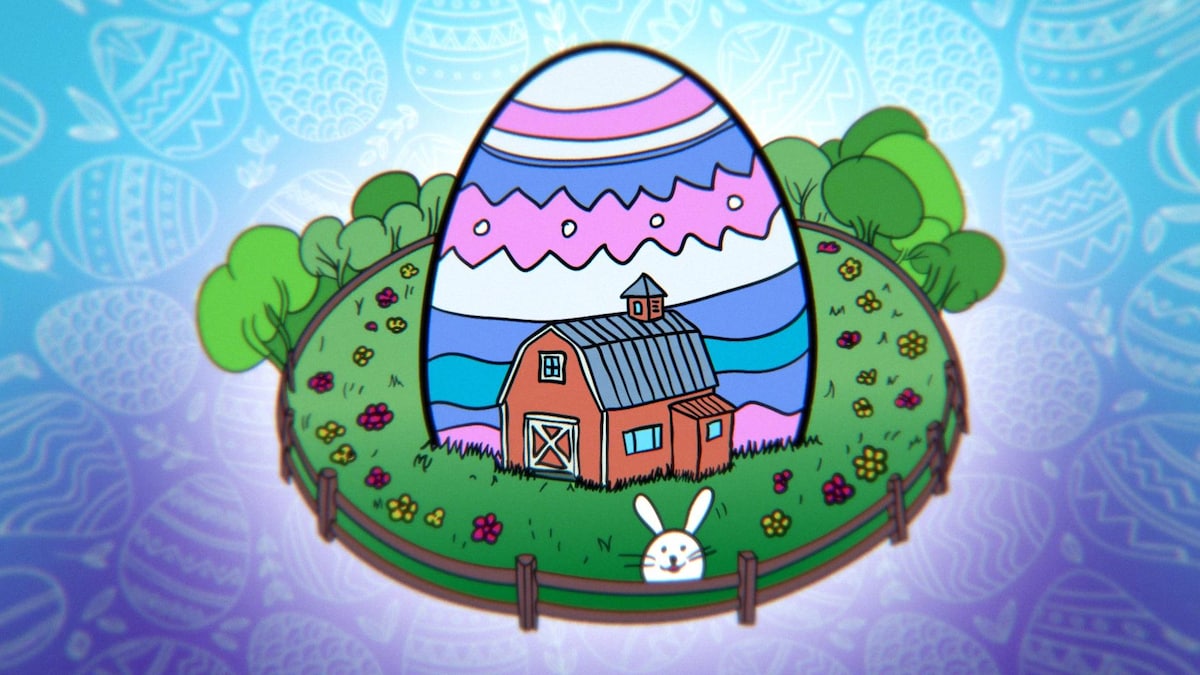 Illustration d'un grand oeuf de Pâques derrière une ferme. Un petit lapin se trouve en avant-plan.