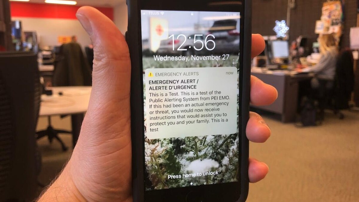 Une personne tient un cellulaire dans la main. Un message d'alerte en anglais apparaît à l'écran. 