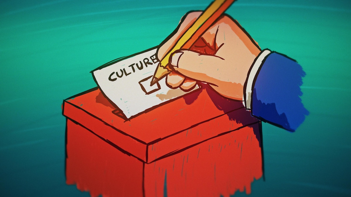 Illustration d'une main au-dessus d'une boîte avec un bulletin de vote, hésitant à cocher la case pour la CULTURE.