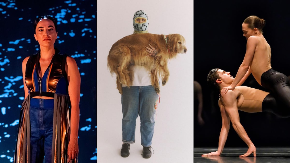 Montage de trois photos avec Émilie Monnet, Safia Nolin qui tient un chien dans ses bras, et un couple de danseurs.