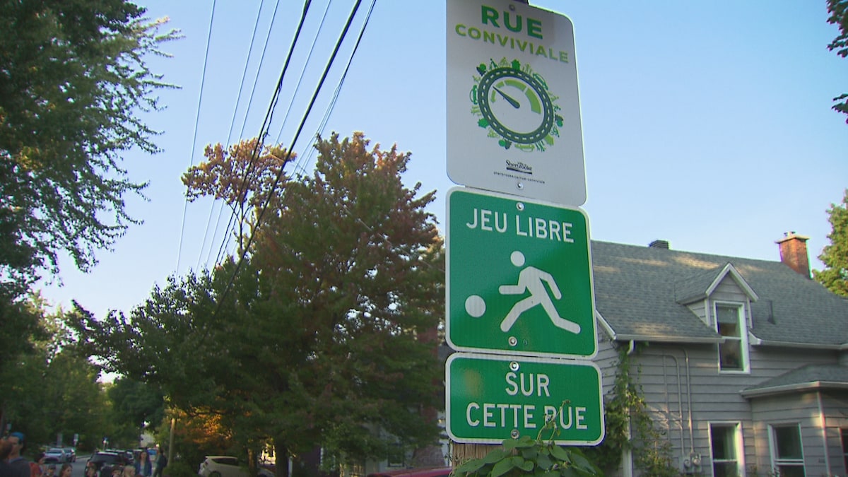 Une pancarte indiquant « Rue conviviale » et une autre « Jeu libre ».