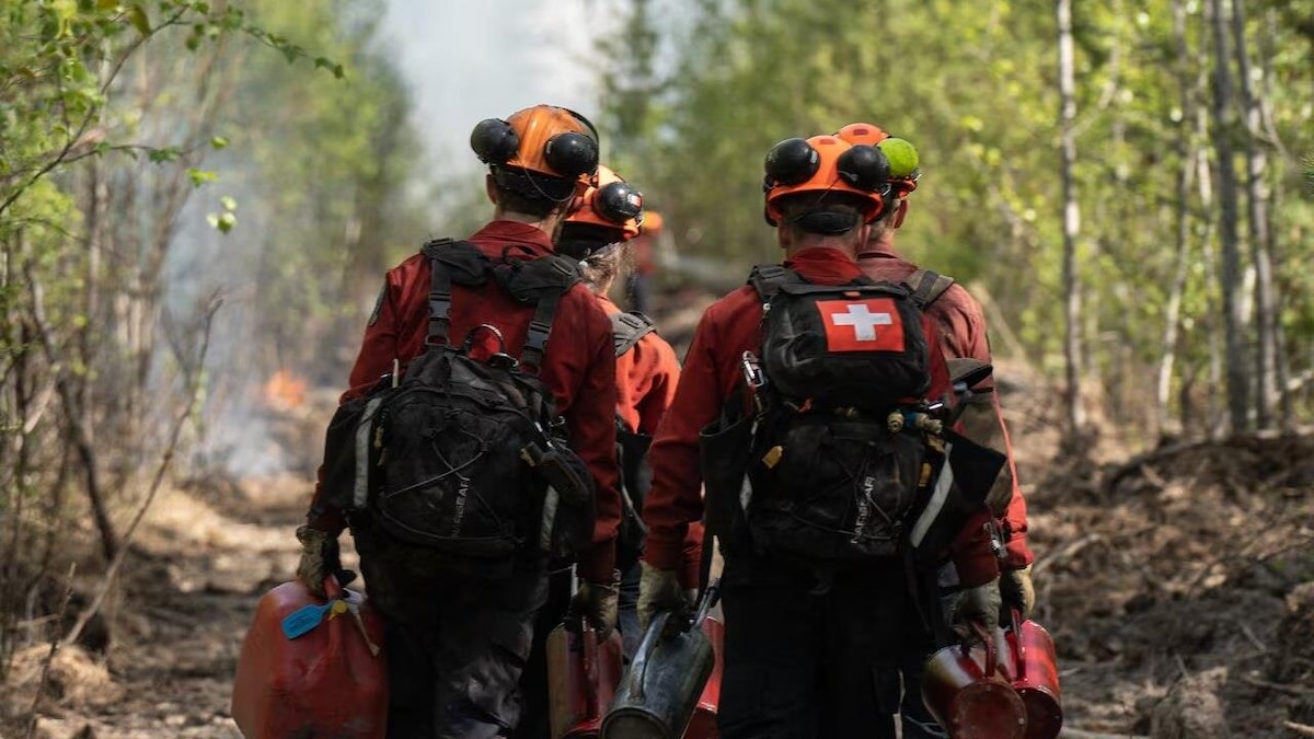 Des pompiers marchent sur un sentier forestier près de l'incendie de Boundary Lake, le 13 mai 2023.