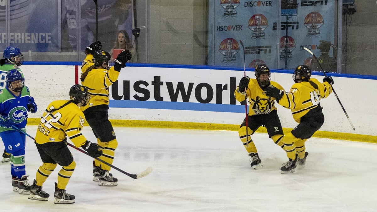 Des joueuses de hockey de deux équipes différentes sont sur la glace. À gauche, deux joueuses du Whale du Connecticut patinent. À leur droite, deux joueuses du Pride de Boston célèbrent. À droite de l'image, deux autres joueuses du Pride célèbrent le but, les bras dans les airs.