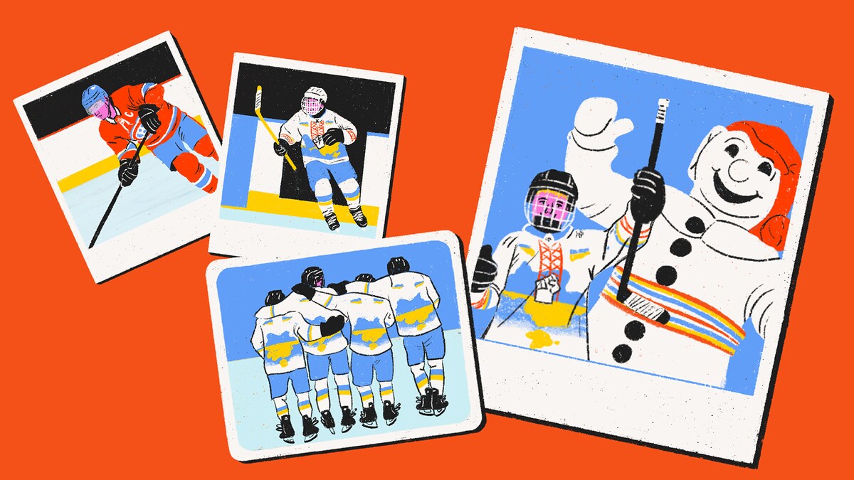 Illustrations de photos imprimées carrées de type Polaroid. On peut voir un joueur du Canadien de Montréal et un joueur de l'Ukraine Team Select sur la glace, quatre joueurs se tenant bras-dessus bras-dessous sur la glace, ainsi qu'une autre photo d'un jeune joueur avec le Bonhomme Carnaval.