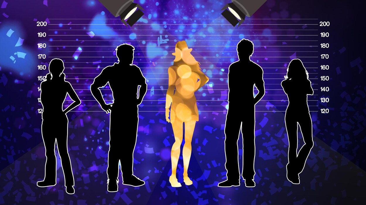 Une silhouette brillante et illuminée par des projecteurs se distingue parmi quatre autres silhouettes noires découpées sur un fond mauve.