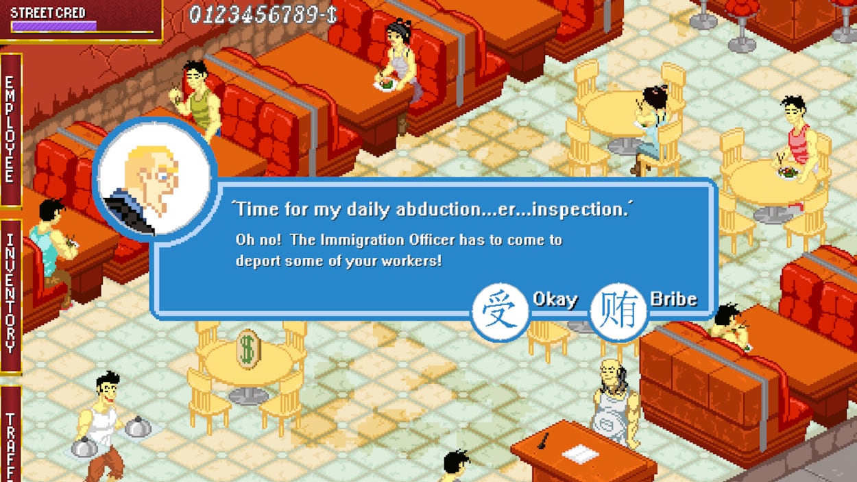 Capture d'écran du jeu vidéo : un message offre au joueur d'offrir un pot de vin à un employé d'immigration qui vient arrêter des travailleurs illégaux d'un restaurant chinois.