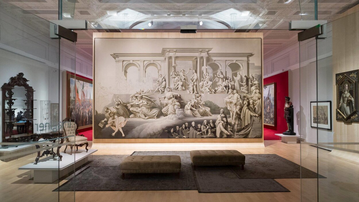 Salle «Imaginer» de l'exposition 350 ans de pratiques artistiques au Québec. Représentation de l'atelier de Napoléon Bourassa.