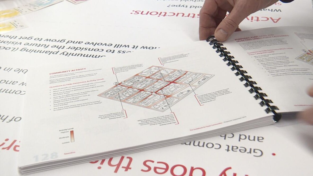 Un livre ouvert montrant le dessein d'un quartier avec des paragraphes d'explication.