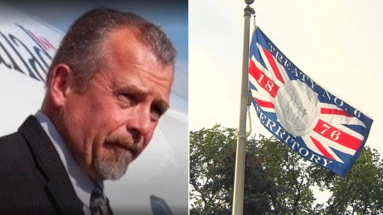 À gauche, Paul Bunner descend d'un avion. À droite, le drapeau des Nations du Traité no 6.