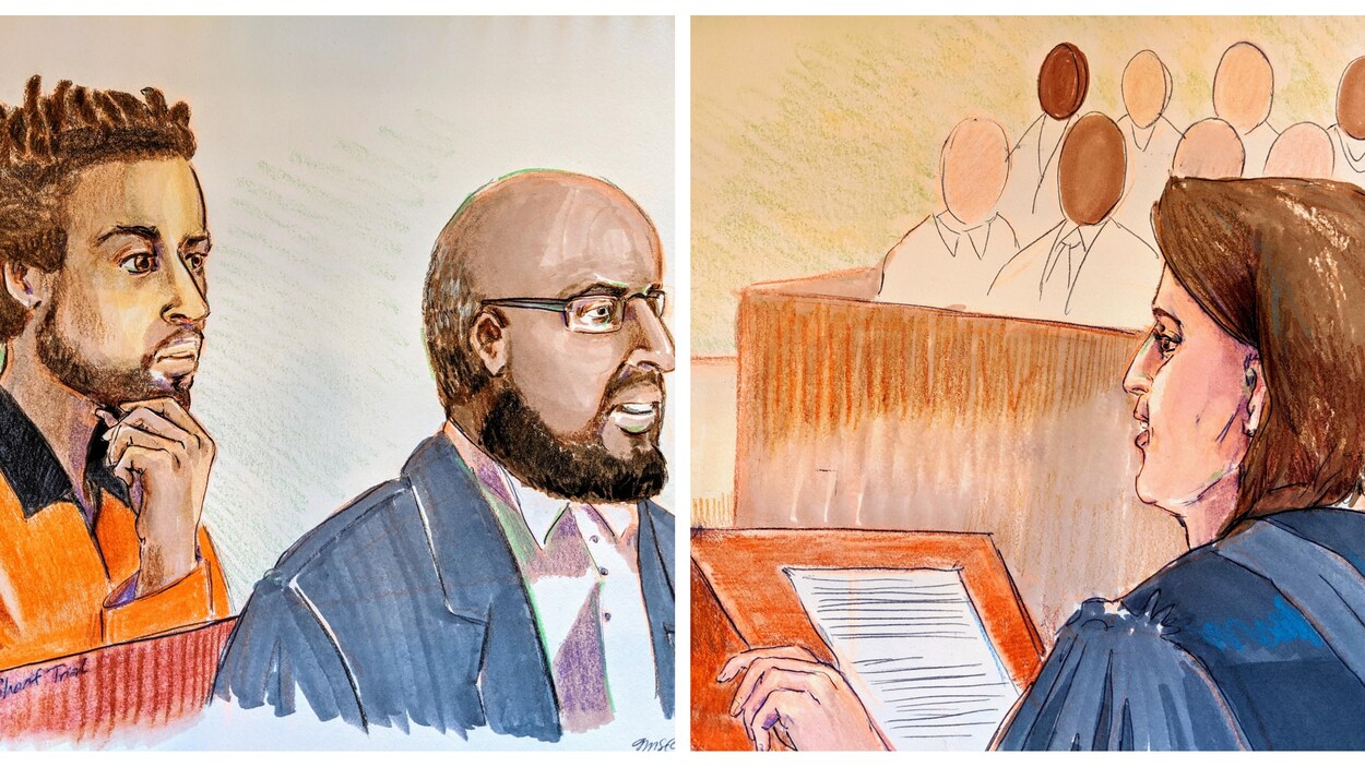 Des dessins montrent Abdulahi Sharif et son interprète qui écoutent attentivement d'un côté et de l'autre, une procureure et le jury.