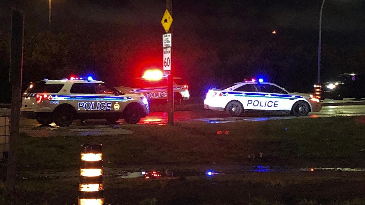 Des véhicules de la police d'Ottawa, gyrophares allumés, sont stationnés sur la voie.