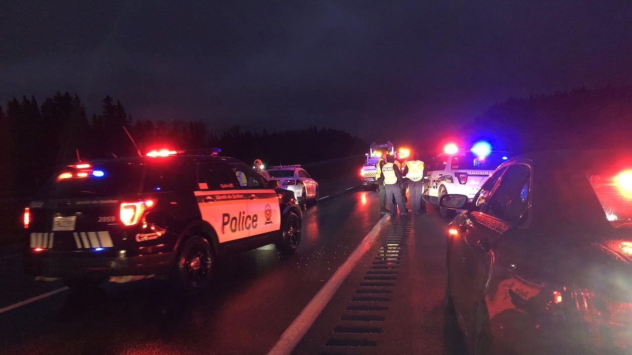 Six voitures de police avec les gyrophares allumés stationnées en bordure de route.