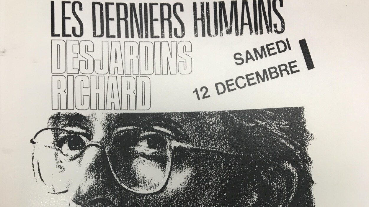 L'affiche du lancement de l'album « Les derniers humains », de Richard Desjardins, au Cabaret de la dernière chance, à Rouyn-Noranda, le 12 décembre 1987.