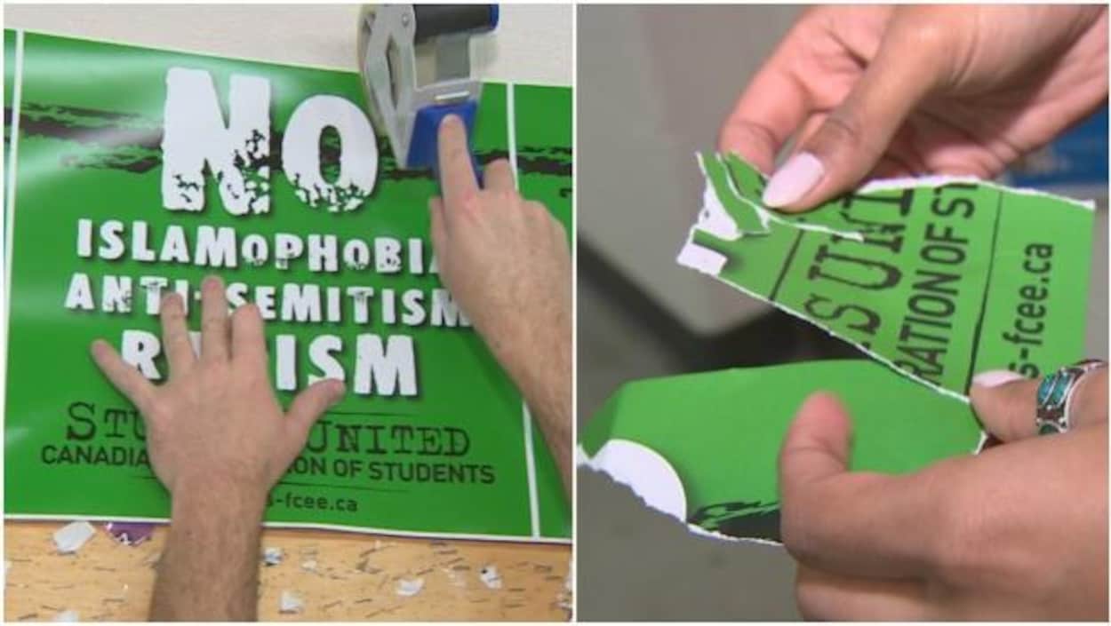 Des affiches antiracistes sont arrachées et déchirées sur le campus de l'Université Memorial. Des affiches antiracistes sont arrachées et déchirées sur le campus de l'Université Memorial.