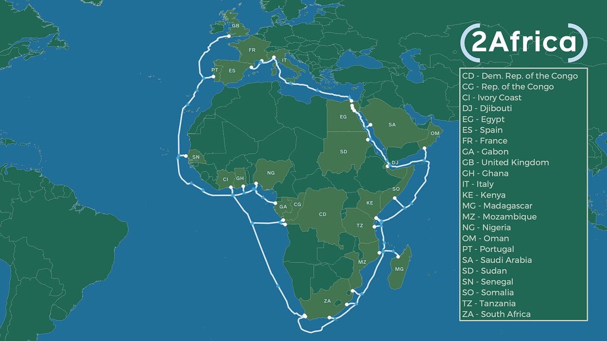 Une carte de l'Afrique montrant où passera le câble. Il entoure réellement le continent au complet.
