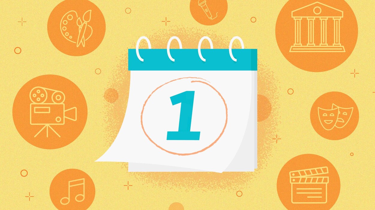 Illustration d'une page de calendrier entourée d'icônes culturels, tels qu'une palette de peintures, une caméra, une note de musique, un micro, un musée et des masques.