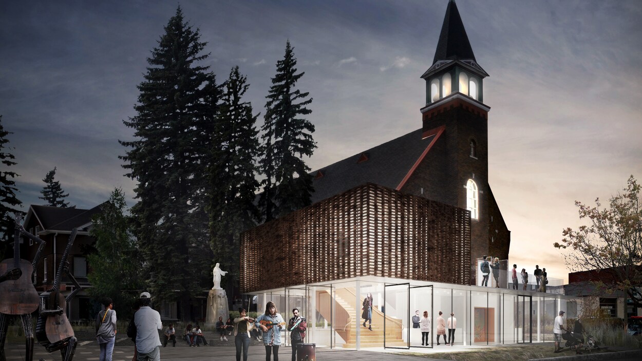 Plans architecturaux représentant les changements qui seront apportés à la salle de spectacle l'Agora des arts, donc une cage en verre cinne devanture de l'ancienne église. Plans architecturaux représentant les changements qui seront apportés à la salle de spectacle l'Agora des arts, donc une cage en verre cinne devanture de l'ancienne église.