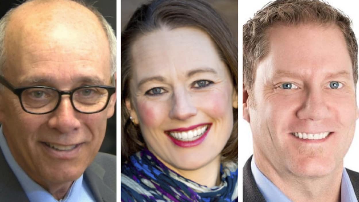 Portraits des candidats à la direction du Parti albertain Stephen Mandel, Kara Levis et Rick Fraser (de gauche à droite).