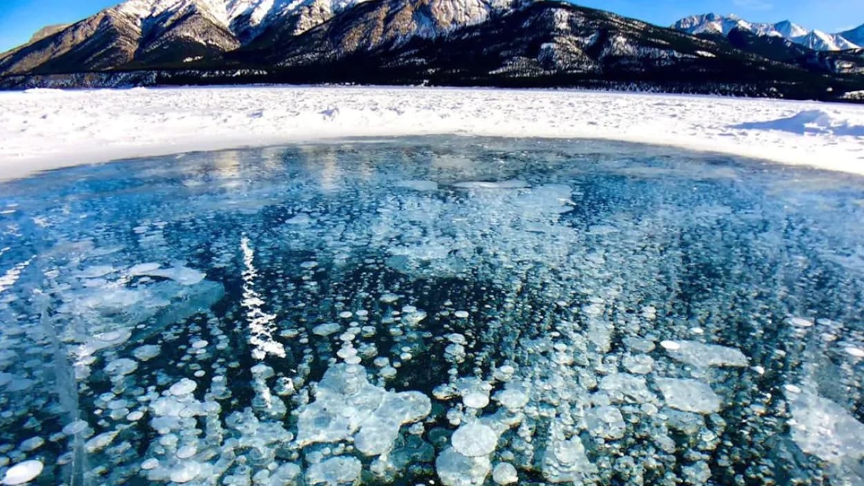 Bulles de méthane cristallisées sous la glace d'un lac.