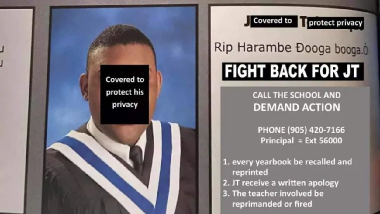 Une photo dans un album de finissants à côté de laquelle il est inscrit RIP Harambe Dooga booga.O et figure un appel à l'action contre le geste raciste.